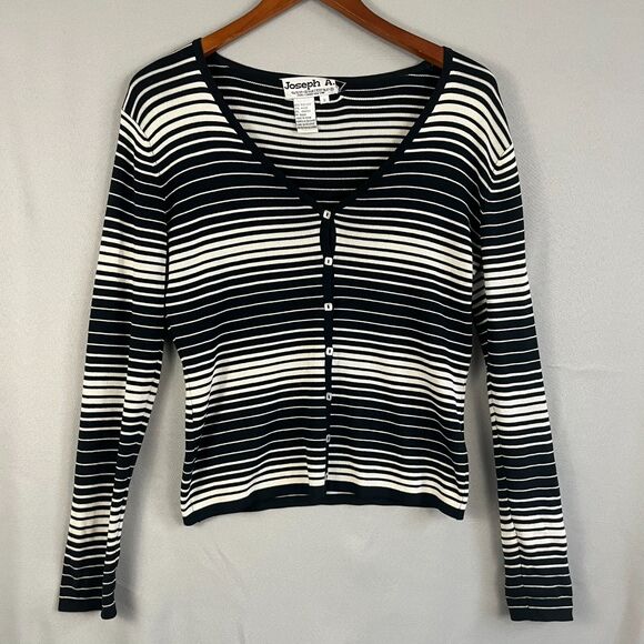 Vintage Joseph A Cardigan Sweater Womens Medium Black White Striped Silk Stretch - Picture 1 of 4